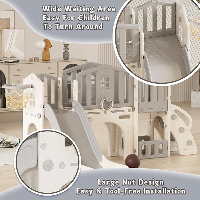 KORIMEFA Toddler Slide Set, 8 in 1 Kids Slide, Indoor Outdoor Slide for Toddlers Age 1-3, Toddler Playset with Basketball Hoop and Tunnel, Toddler Indoor Outdoor Playground