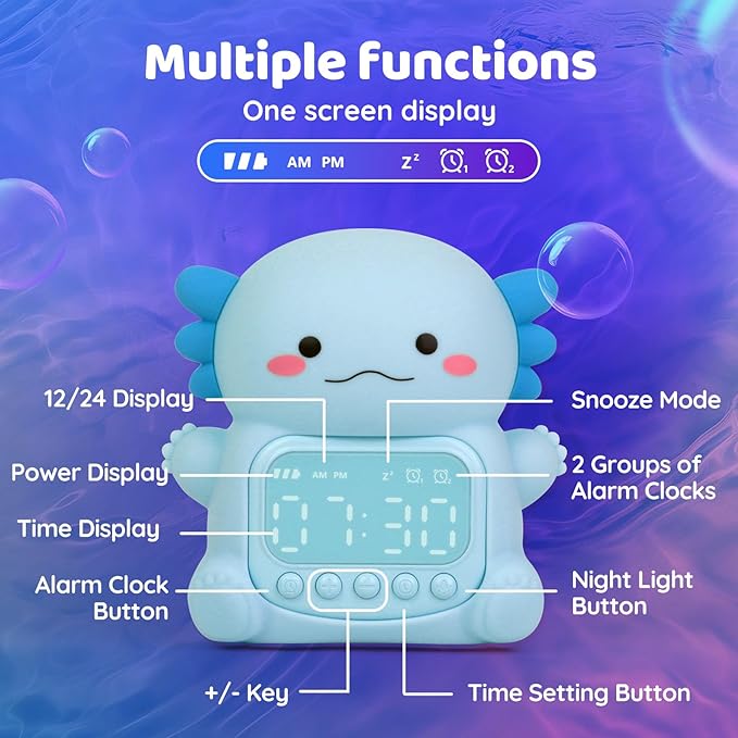Axolotl Alarm Clock with Night Light for Kids, Rechargeable Silicone Lamp Time to Wake Clock Cute Animal Tabletop Lamp, Perfect Sleep Companion for Boys Girls, Blue