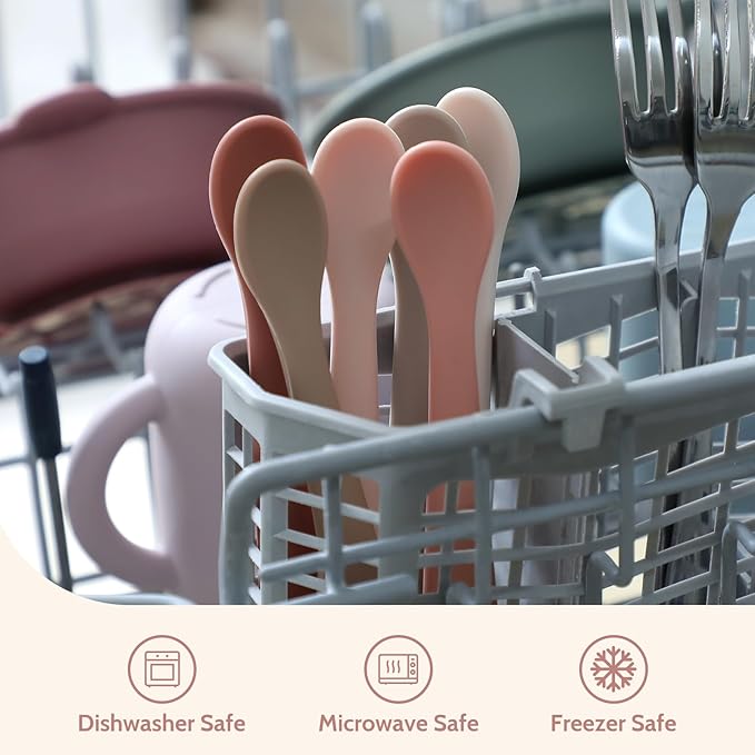 Silicone Baby Feeding Spoons, Training Spoon Self-feeding, First Stage Infant Soft-Tip Easy on Gums, Utensils Supplies, Dishwasher & Boil-proof, 6 Pack