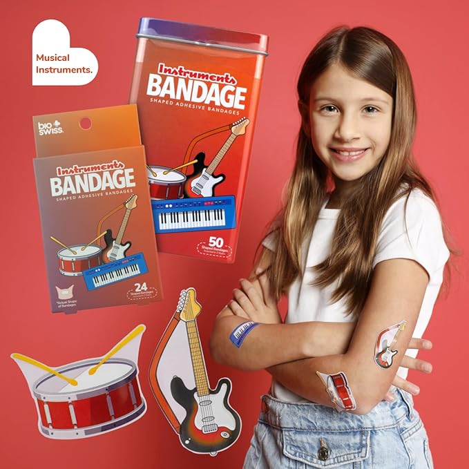 BioSwiss Bandages, Musical Instruments Shaped Self Adhesive Bandage, Latex Free Sterile Wound Care, Fun First Aid Kit Supplies for Kids and Adults, 50 Count