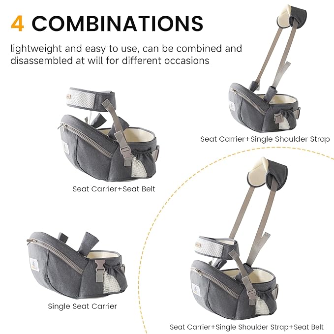 Baby Carrier with Hip Seat Adjustable Strap Huge Storage 4-in-1Toddler Carrier Enhanced Lumbar Support Ergonomic Baby Hip Carrier for Newborns & Toddlers Gray