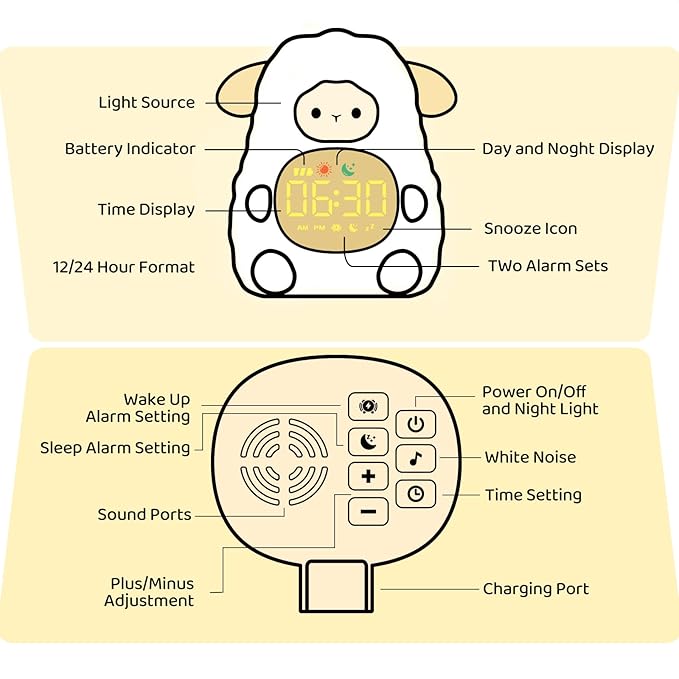Sheep Alarm Clock with Night Light for Kids with Sleep Training and Sound Machine, Rechargeable Silicone Lamp OK to Wake Clock,Cute Animal Tabletop Lamp, Perfect Sleep Companion for Boys Girls, Khaki