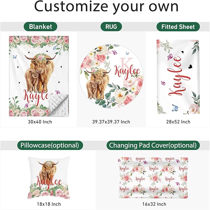 Personalized Baby Crib Bedding Set - Custom Name Highland Cattle Design 3 Pcs Set - Soft Blanket with Double Layer Dotted Backing, Fitted Sheet, Room Rug for Newborns Boys Girls Shower Gift