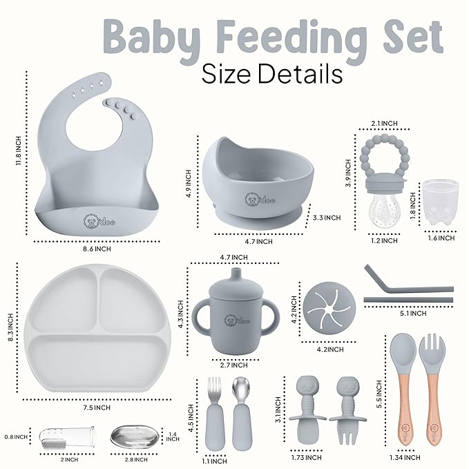 O'doe 17-Piece BPA-Free Silicone Baby Feeding Set | Thick & Soft Suction Plates, Baby Bowls, Wooden Fork & Spoon, and More | Make Mealtime Fun and Easy for Your Little One (Grey, V2)