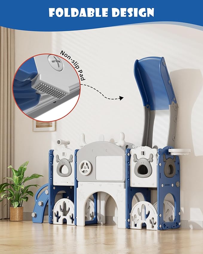 XJD 13 in 1 Toddler Slide Set, Kids Slide for Toddlers Age 1+, New Upgrade with Golf Set, Basketball Hoop, Drawing Board for Indoor Outdoor Playset,Toddler Playground (Blue Gley)