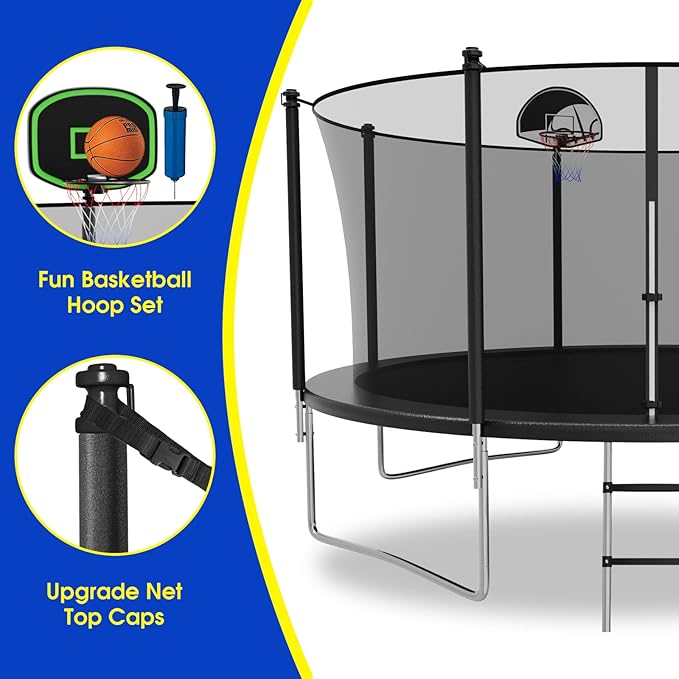 SKYUP Tranpoline 1500LBS 16 15 14 12 10 8 FT Tranpoline for 7-10 Kids and Adults, Windproof Outdoor Tranpoline with Enclosure Net, Basketball Hoop, Easy to Install & Last Long - ASTM Approved