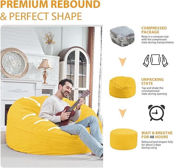 5FT Bean Bag Chair, Large Bean Bag Chairs with Memory Foam Filled, Fluffy Beanbag Sofa with Dutch Velvet Cover, Round BeanBag Chairs for Living Room, Playroom - Lemon