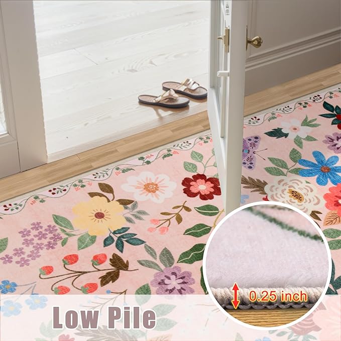 Runner Rug for Entryway: 2.6x8 Kitchen Rugs Non Slip Washable Ultra-Thin Soft Floral Carpet Indoor Floor Stain Resistant Carpets for Hallway Bedroom Kitchen Laundry Bathroom Dorm Beige