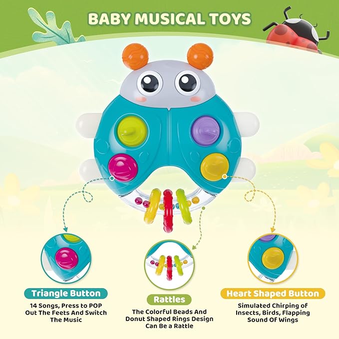 Ladybug Baby Light Up Toys with Rattle Led Light Music, Interactive Educational Fine Motor Development Toy for 3-6-12-18-24 Months Baby Toddler