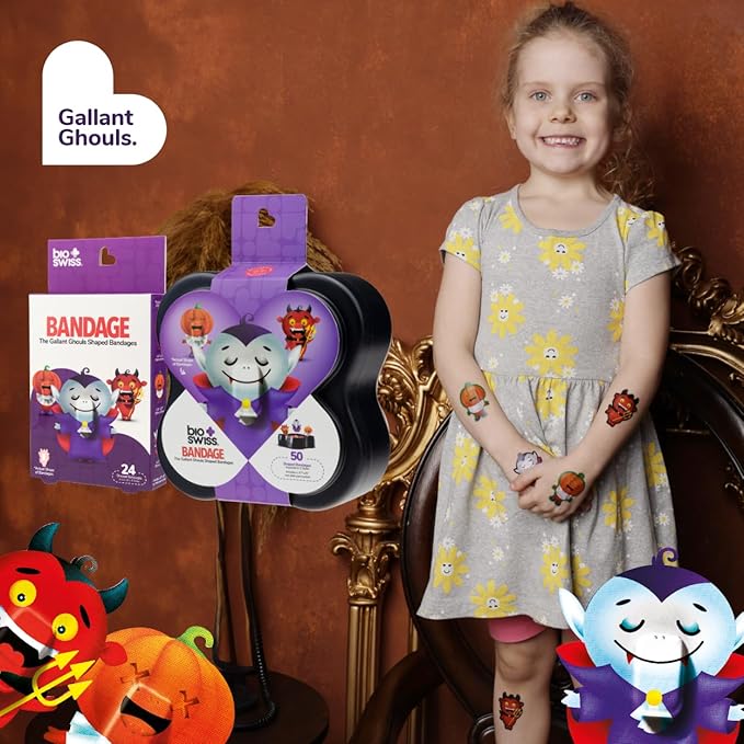 BioSwiss Bandages, Halloween Ghouls Shaped Self Adhesive Bandage, Latex Free Sterile Wound Care, Fun First Aid Kit Supplies for Kids and Adults, 50 Count