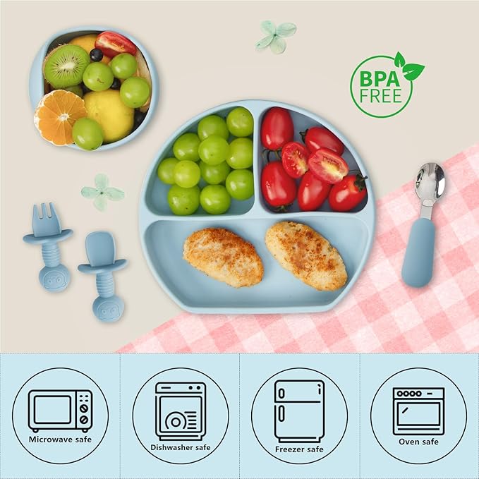 Baby Silicone Feeding Set, 13PCS Baby Self Feeding Set, Toddler Led Weaning Utensils Sets with Suction Bowl and Plate, 3 Set of Baby Spoons and Forks, Adjustable Bid, Sippy Cup with Straw and 2 Lids