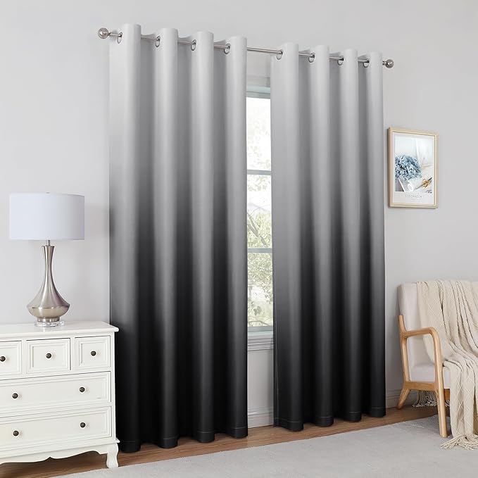 HOMEIDEAS Black Ombre Blackout Curtains 52 X 84 Inch Length Gradient Room Darkening Thermal Insulated Energy Saving Grommet 2 Panels Window Drapes for Living Room, Bedroom
