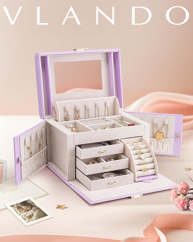 Vlando Jewelry Box Organizer for Girls Women, Large Baroque Jewelry Holder Organizer with Mirror, 3 Drawers for Bracelets, Earrings, Rings, Necklaces, Mothers Day Gifts for Loved One, Purple
