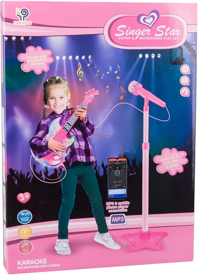 TAKIHON Guitar and Microphone Set for Kids,Guitar Toys with Music&Colorful Light,Adjustable Height Microphone with Stand,Karaoke Toys Gift for Boy,Girls,Toddlers(Red)-Upgraded