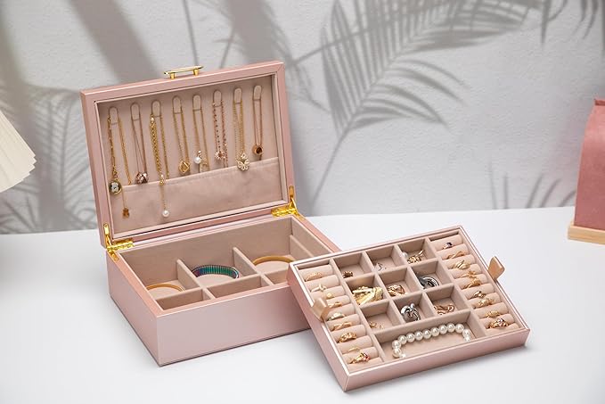 2-layer jewelry box,Jewelry Organizer with Handle,with hanging necklace hooks, detachable jewelry trays, suitable for storing a large amount of jewelry gift box (rose gold)