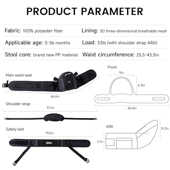 Ergonomic Baby Hip Carrier-Baby Waist Stool with Adjustable Strap and Chest Harness Huge Storage Enhanced Lumbar, Carrier for Newborn to Toddler Black
