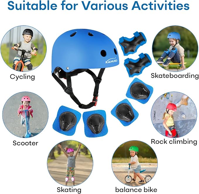 KAMUGO Kids Bike Helmet, Toddler Helmet for Ages 2-8 Boys Girls with Sports Protective Gear Set Knee Elbow Wrist Pads for Skateboard Cycling Scooter Rollerblading