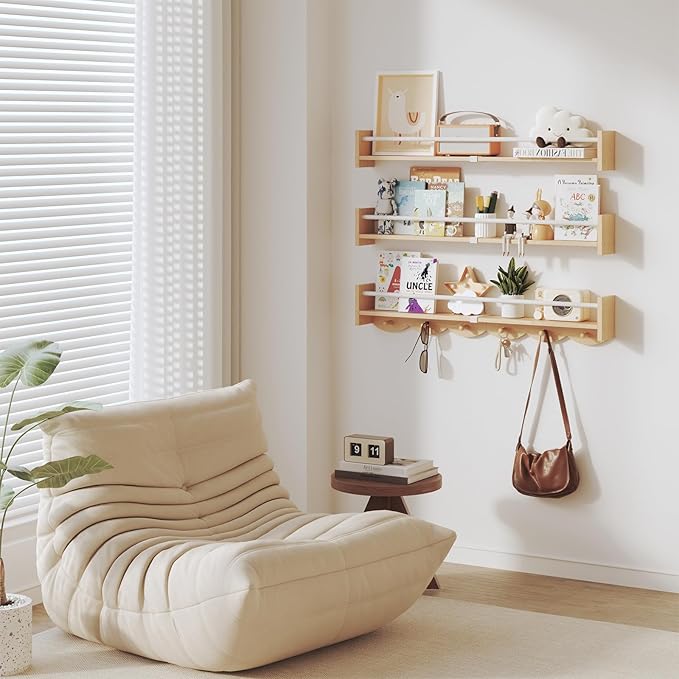 Nursery Bookshelves Wall Mounted,34inch,Set of 3, Floating Shelf Kids Coat Rack with 6Hooks,Hanging Shelf for Baby Nursery Room Décor, Patent Number: 29924445,Burlywood