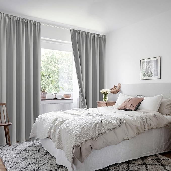 XWZO Full Shading Blackout Curtains 45 Inches Length with Tiebacks- Heat and Light Blocking Rod Pocket Window Drapes with Black Liner Backing for Bedroom/Kid's Room, Light Grey, W42 x L45, Set of 2