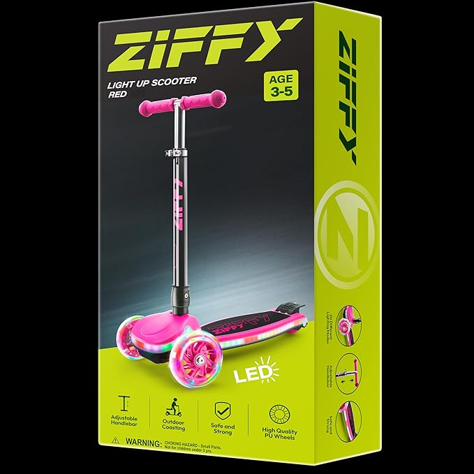 ZIFFY 3-Wheel Light-Up Kids Scooter, Kids Balance Scooter for Boys Girls with 20 Dynamic LED Lights, 4 Adjustable Height, Lean-to-Steer Design with Anti-Slip Wide Surface for Stability - Up to 110LBS