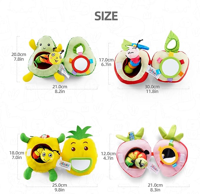 Jollybaby Newborn Plush Stuffed Fruit Rattle Toy for Stroller Car Seat Crib, Montessori Sensory Plush Strawberry Toy with Rattle and Mirro Toy for Baby 0-6-12 Month, Infant Baby Boy Girl Shower Gift