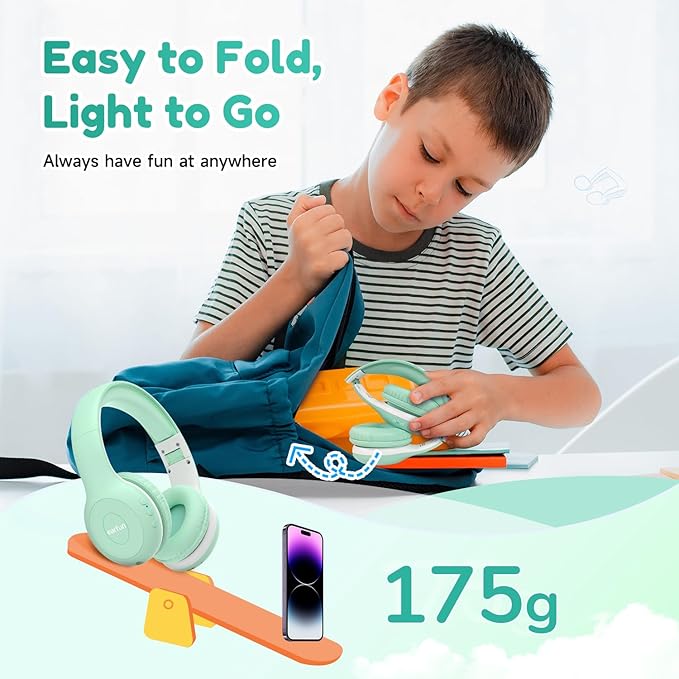 EarFun K2 Kids Bluetooth Headphones, Kids Headphones with Volume Limited, 40H Playtime, Built-in Mic, Stereo Sound, Foldable Over-Ear Headphone for School/Travel/iPad/Tablet, Green