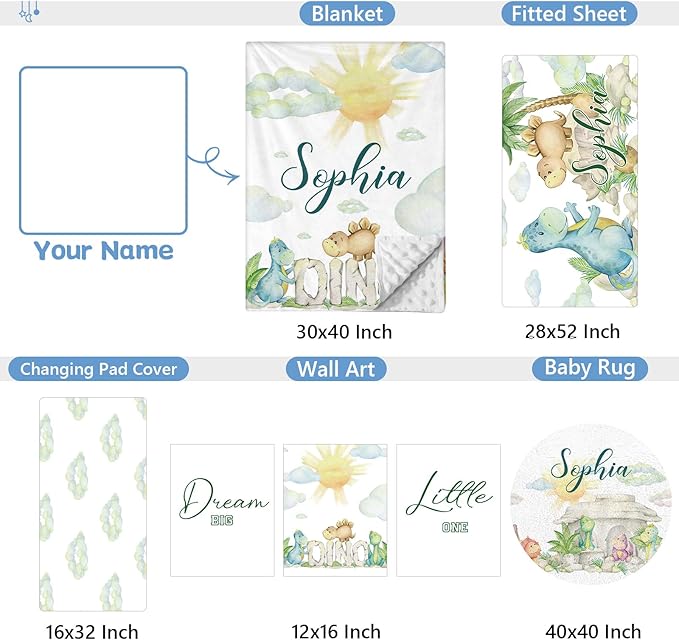 Personalized Baby Crib Bedding Set, 5 Pcs Custom Set With Name, Soft Double Layer Nursery Bedding, Flannel Dinosaur Set for Boys, Toddlers Newborns Customized Gift