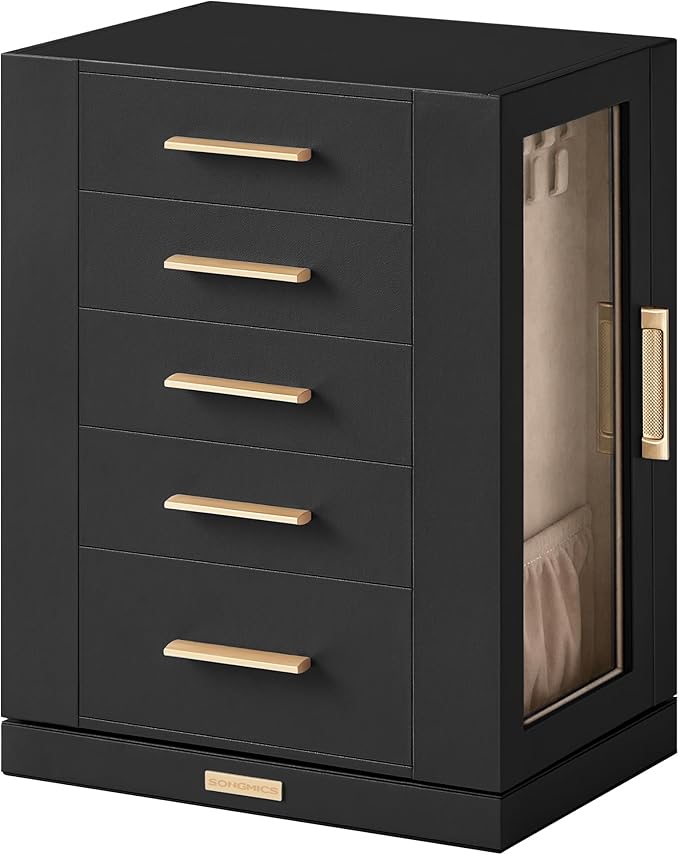 SONGMICS Jewelry Box 360°Rotating, Jewelry Storage Case with 5 Drawers, Jewelry Organizer, Glass Window, Spacious, Vertical Jewelry Storage, Open Design, Great Gift, Graphite Black UJBC170B01