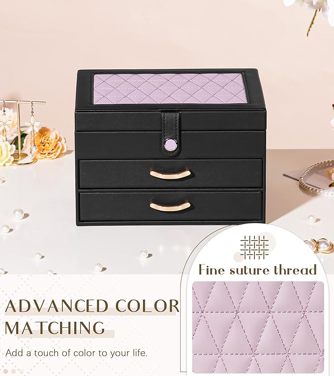 Black Jewelry Box Organizer: Home Decor for Women - 2-Drawer Holder for Valentine’s Day Birthday Christmas Black Grey-Purple
