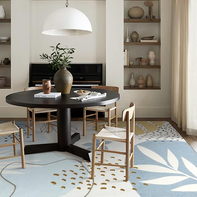 Lahome Boho Blue Area Rug for Living Room - 5x7 Rug Machine Washable Non-Slip Soft Bedroom Rugs Ultra-Thin Large Rug for Dining Room, Botanical Print Indoor Modern Rug for Classroom Nursery Office