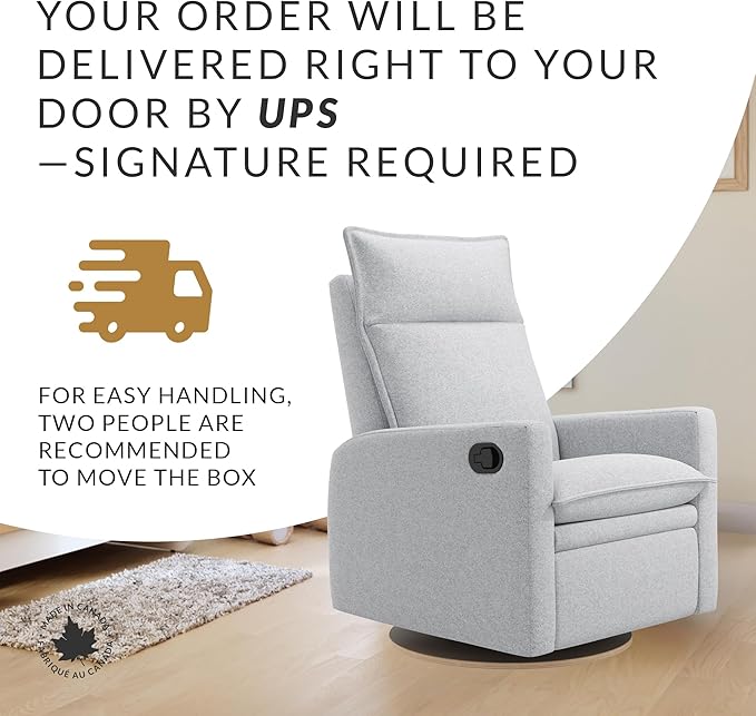 Arya Modern Nursery Glider Recliner Chair – Cozy Nursing Chair with 360° Swivel for New Parents, Gentle Motion, Compact Design, High Back & Low Armrests, Canadian Made (Heather Grey/ARLO Fabric)
