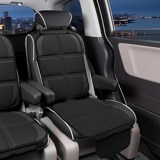 Car Seat Protector, 2 Pack Baby CarSeat Protector with Mesh Pockets & Non-Slip Backing 600D Durable Seat Cover Under Baby Child Car Seat, (Black, Standard)