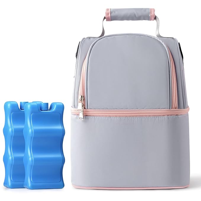 NCVI Breastmilk Cooler Bag with 2 Ice Pack, Breast Pump Bag with Cooler Fits 6 Bottles, Double Layer Breast Milk Baby Bottle Cooler Bag, for Travel, Nursing Mom Daycare, Work, Picnic (Grey)