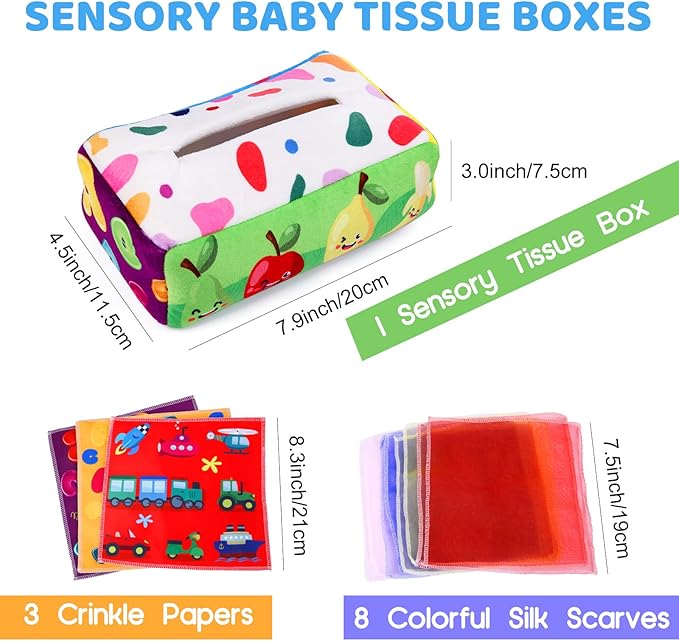 Baby Toys 6 to 12 Months - Tissue Box Toy Montessori for Babies 6-12 Months, Soft Stuffed High Contrast Crinkle Infant Sensory Toys, Boys&Girls Kids Early Learning Gifts