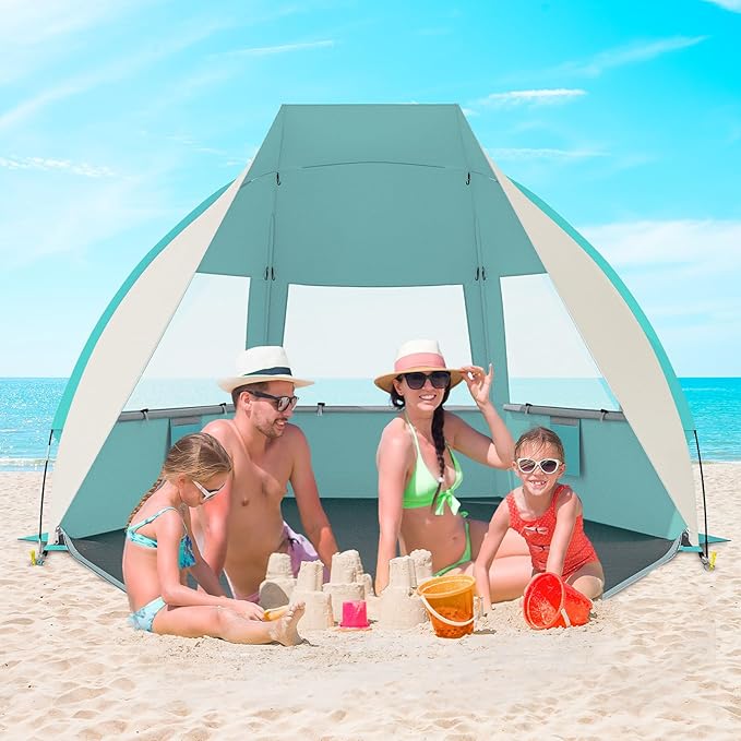 Gorich Portable Beach Tent for 3/4-5/6-7 Person with UPF 50+ UV Protection, Lightweight & Foldable Sun Shelter with 5 Sand Bags, Easy Setup Windproof Beach Umbrella Sun Shade