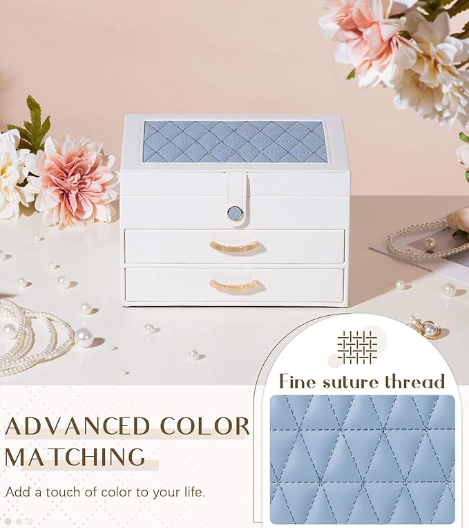 White Jewelry Box Organizer: Home Decor for Women - 2-Drawer Holder for Valentine’s Day Birthday Christmas White Grey-Blue