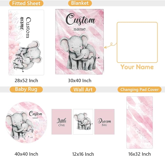 Personalized Baby Bedding Set, 5 Pcs Custom Baby Crib Sets with Name, Toddler Bedding Set for Baby Girls, Pink Elephants Double Layer Nursery Bedding Set, Customized Gifts for Infants Kids