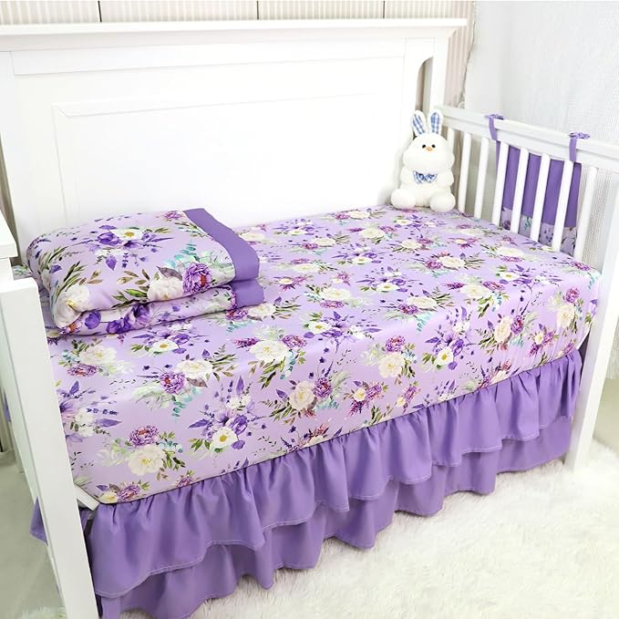 Crib Bedding Set for Girls, Purple Baby Crib Bedding Set 4 Piece, Baby Girl Nursery Bedding Set Including Comforter, Fitted Crib Sheet, Crib Skirt, Diaper Stacker, Floral