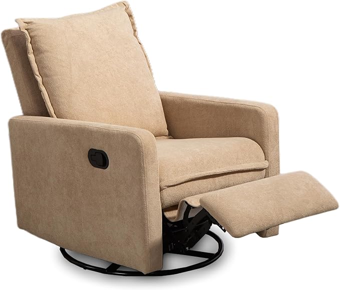 Swivel Rocking Recliner Chair for Nursery, Upholstered Glider Rocker Recliner, Swivel Reclining Chair for Nursery Living Room Bedroom, Camel Short Plush