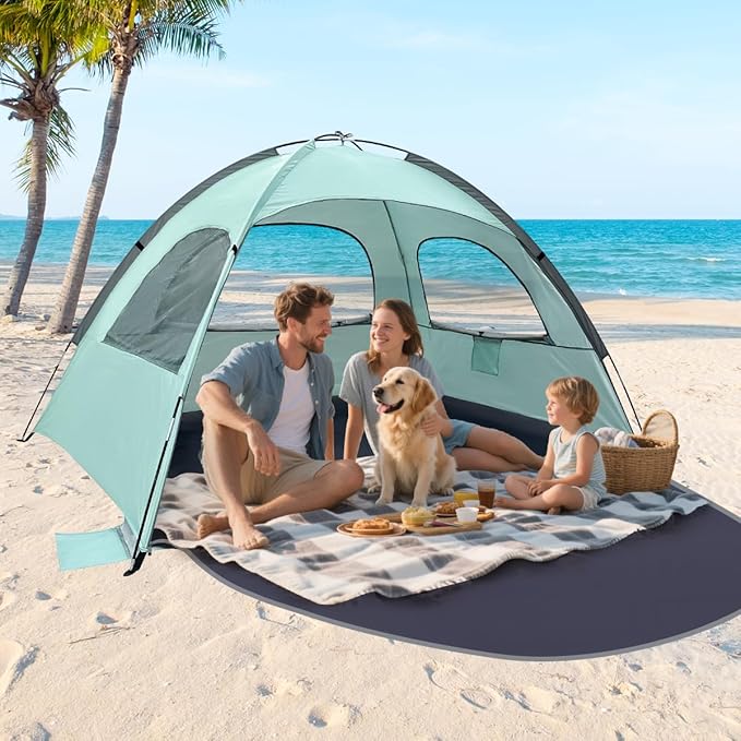 NXONE Beach Tent Sun Shade Shelter for 3/4/6 Person Person with UV Protection, Extended Floor, 3 Mesh Roll Up Windows & 8.0/8.5mm Fiberglass Rods丨Carry Bag Included