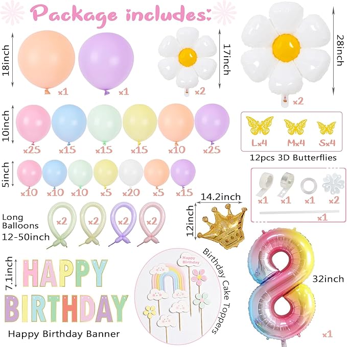 Pastel Balloons 8th Birthday Decorations for Girls, 219 Pastel Balloon Garland Kit with Flowers, Happy Birthday Banner, Cake Topper, 3D Butterflies, Number 8 Balloon for PastelBirthday Decorations