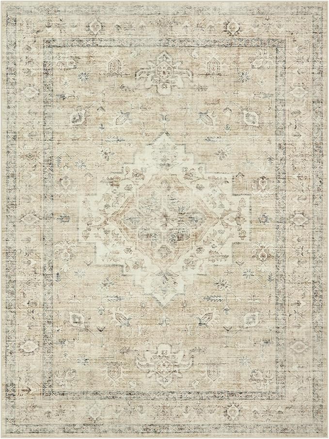 LIVEBOX Washable Area Rug 9x12 Rugs for Living Room Bedroom, Non-Slip Boho Neutral Carpet for Dining Room Office, Low-Pile Farmhouse Soft Carpets for Kids Nursery Room Playroom, Tan