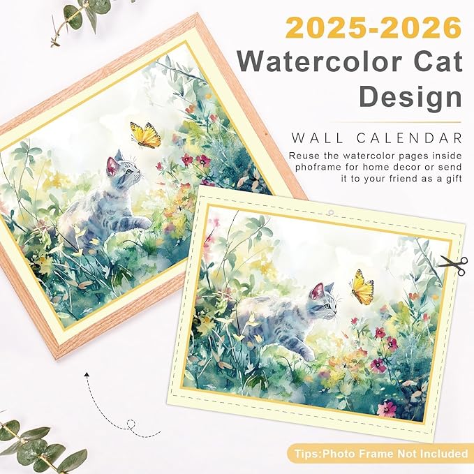 GuassLee Cat Vertical Wall Calendar 2025, 19-Months Art Hanging Wall Calendar Jun. 2025 to December. 2026, 14" x 23" Watercolor Monthly Planner Cat Kitten with Thick Paper for Office Home Decor
