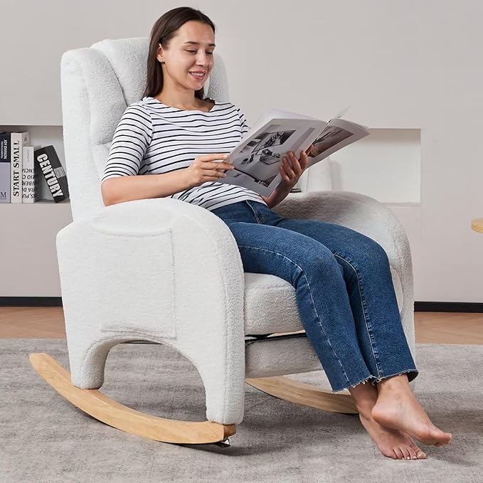 Rocking Chair Nursery, Modern Glider Chair with Adjustable Footrest and Solid Wood Legs, High Backrest Nursery Chair with Side Pocket, Rocker Armchair for Living Room Bedroom, Teddy Ivory