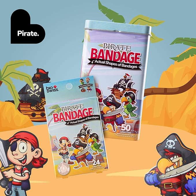 BioSwiss Bandages, Pirate Shaped Self Adhesive Bandage, Latex Free Sterile Wound Care, Fun First Aid Kit Supplies for Kids and Adults, 50 Count