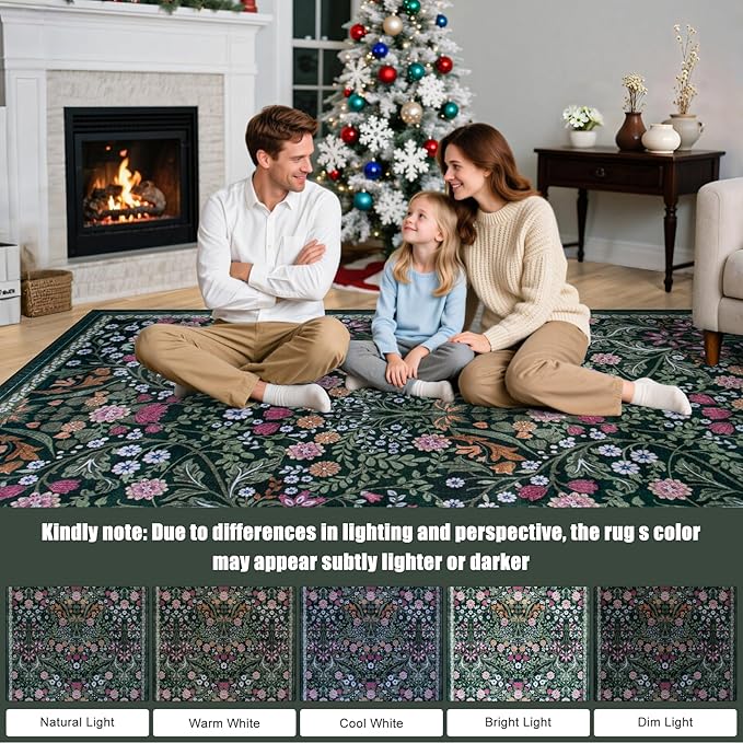6x9 Area Rugs for Living Room: Floral Washable Rug Vintage Large Soft Boho Non-Slip Carpet Indoor Stain Resistant Thin Carpets for Bedroom Dining Room Farmhouse Nursery Hallway Home Office Dark Green