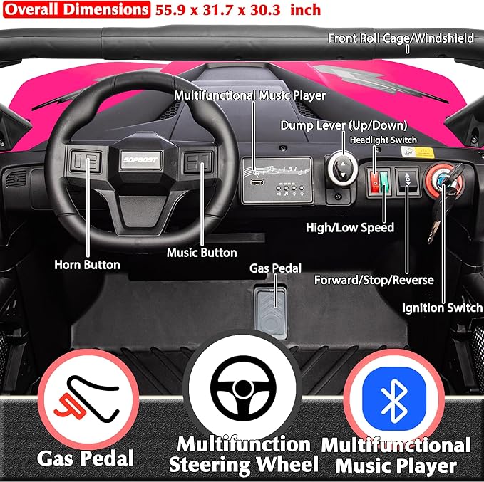 sopbost 24V Ride On Car with Remote Control 10Ah Battery Powered Ride On Toy for Big Kids to Drive 2 Seater UTV with Large Dump Bed, 4x75W Motors, Hot Pink & Black