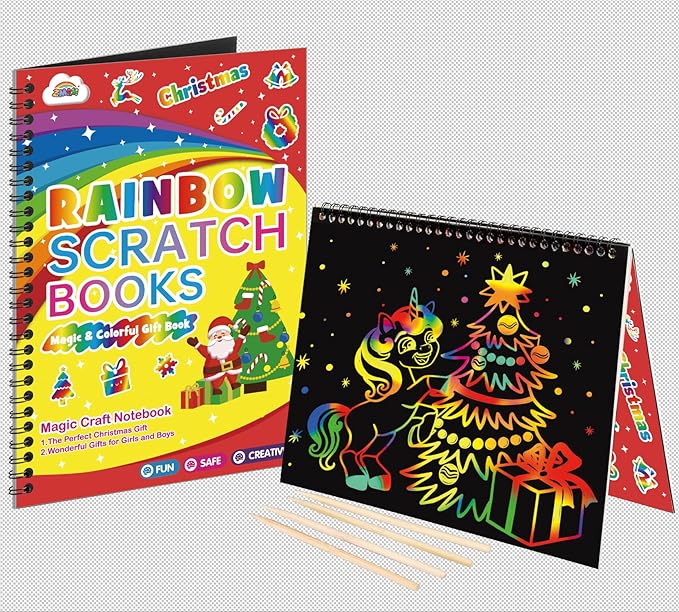 ZMLM Scratch Paper Art-Crafts Gift: 2 Pack Rainbow Notebooks Supplies Toys Stocking Stuffers for 3 4 5 6 7 8 9 10 Years Old Girls and Boys Kids Christmas Birthday Party Games