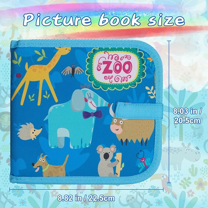 Erasable Doodle Set for Kids - Reusable Magic Drawing Book with 12 Watercolor Pens 14 Page Drawing, Road Trip Car Game Writing Painting Set for Boys and Girls (Zoo Blue)