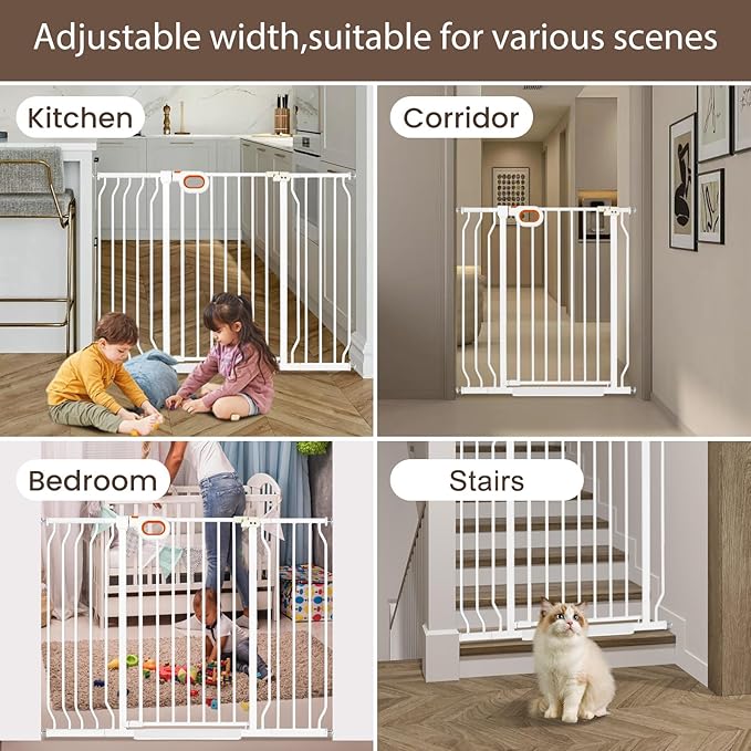 owlie 37.4" Extra Tall Wide Baby Gate for Stairs Doorways,29-52 Inch Extra Large Long Baby Gate with Door Indoor Safety Metal Pressure Mounted Pet Gate with Walk-Thru Auto Close, White